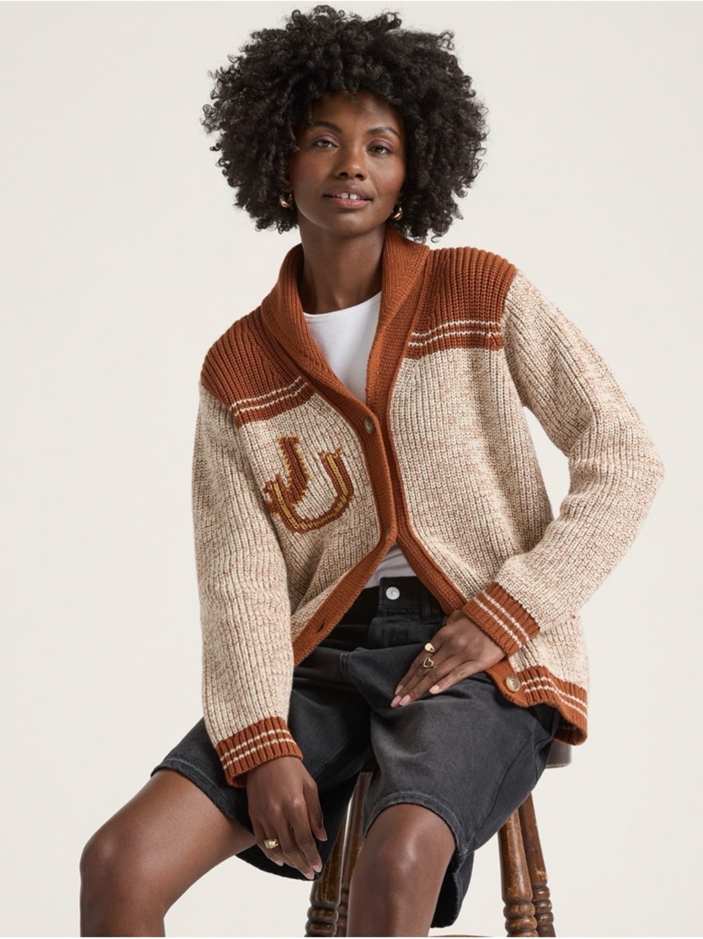 Pendleton women’s Cotton Heritage Shawl Collar Cardigan Sweater in Rust & Cream